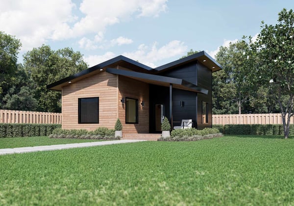 Architectural modern accessory unit with contrasting black and natural finishes in Brookhaven, GA by Smart Spaces ADUs - rendering