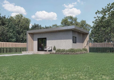 Custom flat-roof ADU with stone-textured siding by Smart Spaces ADUs in Grayson, GA - rendering