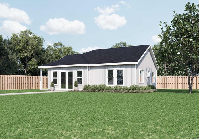 Custom gable-roof ADU with light vertical siding and white trim by Smart Spaces ADUs in Brookhaven, GA - rendering