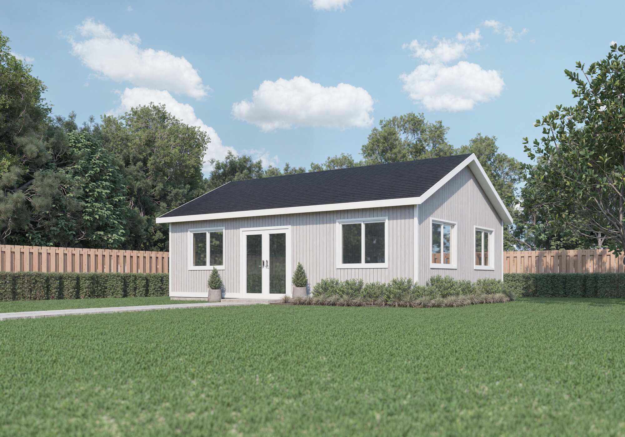 Simple gable-roof ADU with wide windows and neutral siding by Smart Spaces ADUs in Tucker, GA - rendering