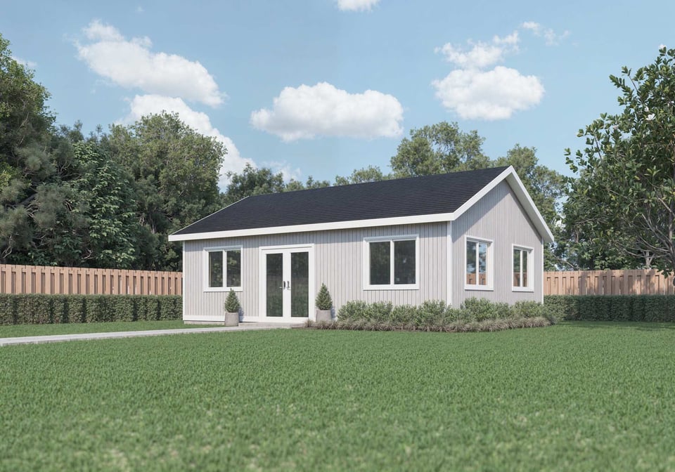 Simple gable-roof ADU with wide windows and neutral siding by Smart Spaces ADUs in Tucker, GA