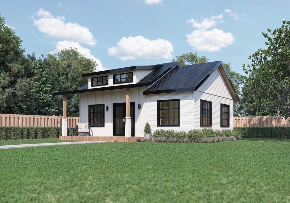 White modern ADU with black windows and porch columns in Eastern Atlanta, GA by Smart Spaces ADUs - rendering