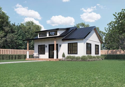 White modern ADU with black windows and porch columns in Eastern Atlanta, GA by Smart Spaces ADUs - rendering