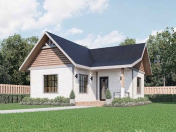 Rendering of the SmartSpaces ADUs Wilton Classic one-bedroom backyard home with white brick, black-framed windows, and a covered entry.