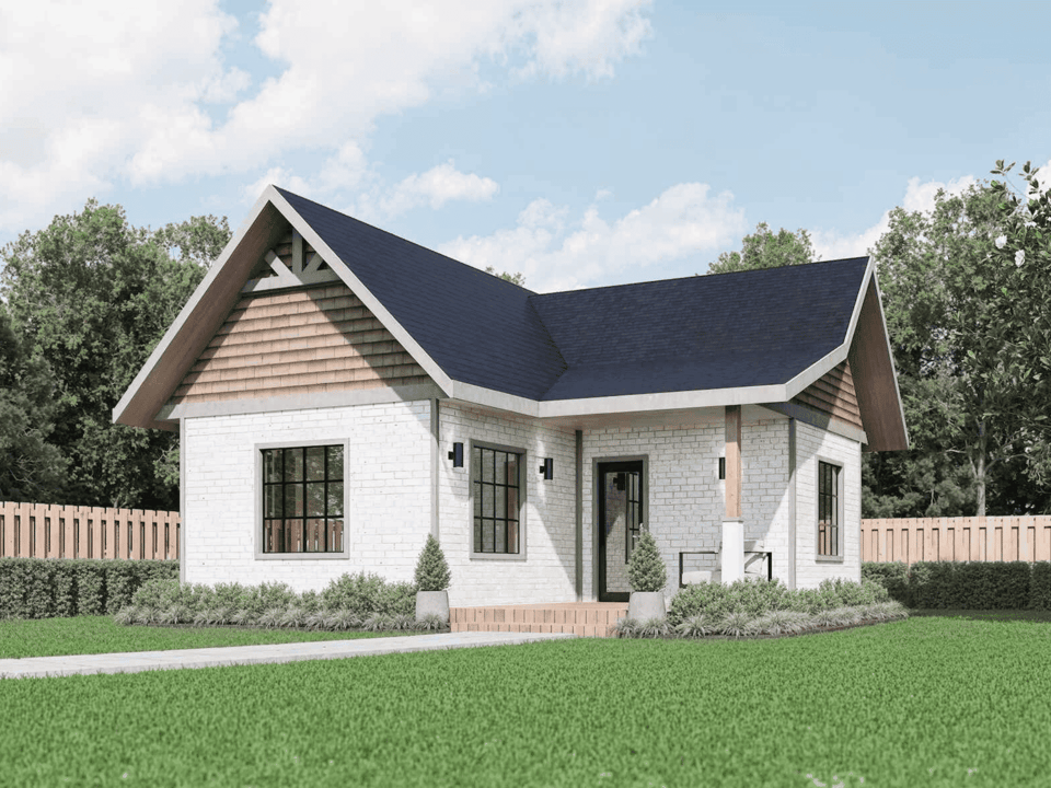 Rendering of the SmartSpaces ADUs Wilton Classic one-bedroom backyard home with white brick, black-framed windows, and a covered entry.