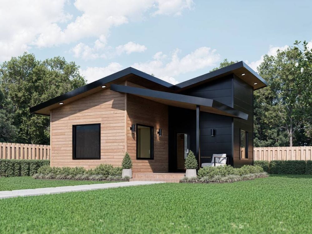 Architectural modern accessory unit with contrasting black and natural finishes in Brookhaven, GA by Smart Spaces ADUs - rendering