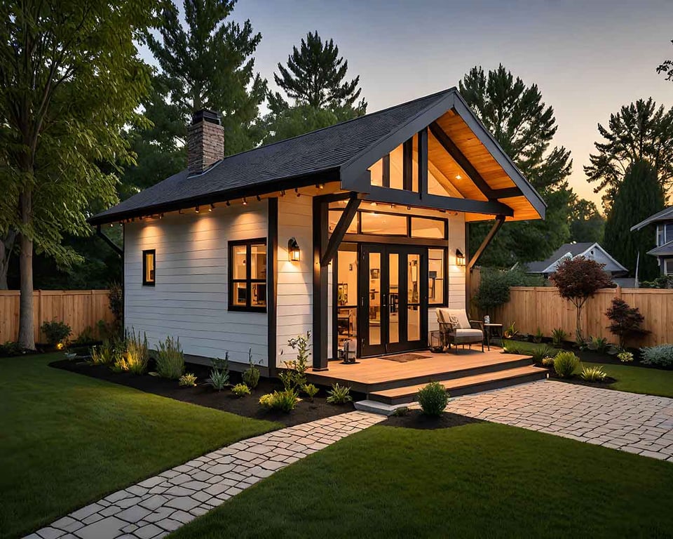 Image of a one-story accessory dwelling unit in Atlanta, Georgia, with white siding and a black rooftop and gutters