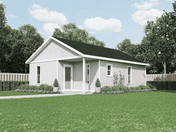 An accessory dwelling unit sitting on a Atlanta, GA, home property with white siding and a dark green roof. 